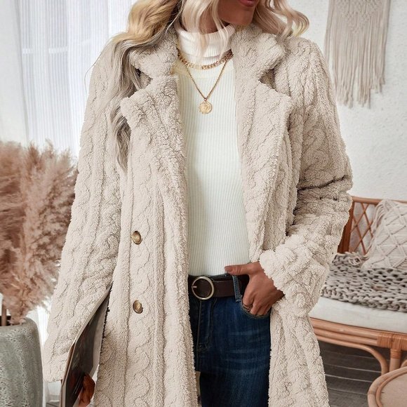 Apricot Preppy Womens Double Breasted Lapel Neck Flannelette Coat - Picture 4 of 5